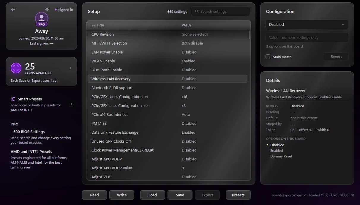 Uefi-Kompile main window: a BIOS settings list, the selected setting's details, a Pro account and 25 coins available